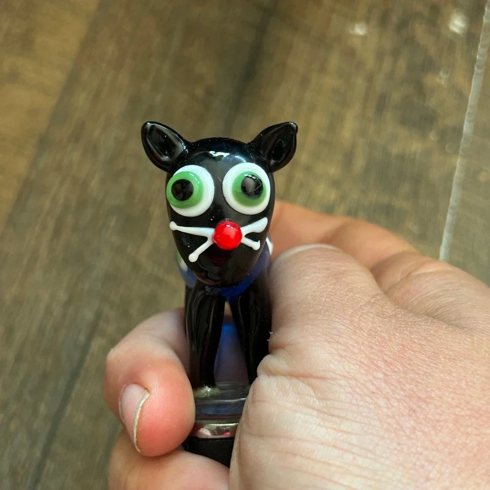 Whimsical Hand Blown Art Glass Black Cat Wine Bottle Stopper Blue Polka Dot 4.5